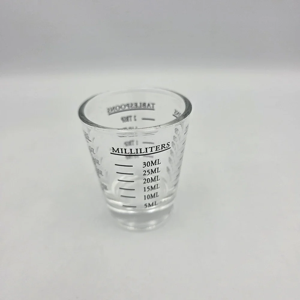 Measure Heavy Clear Shot Glass Black Measurement Markings Tbs. Tsp. ml. oz.